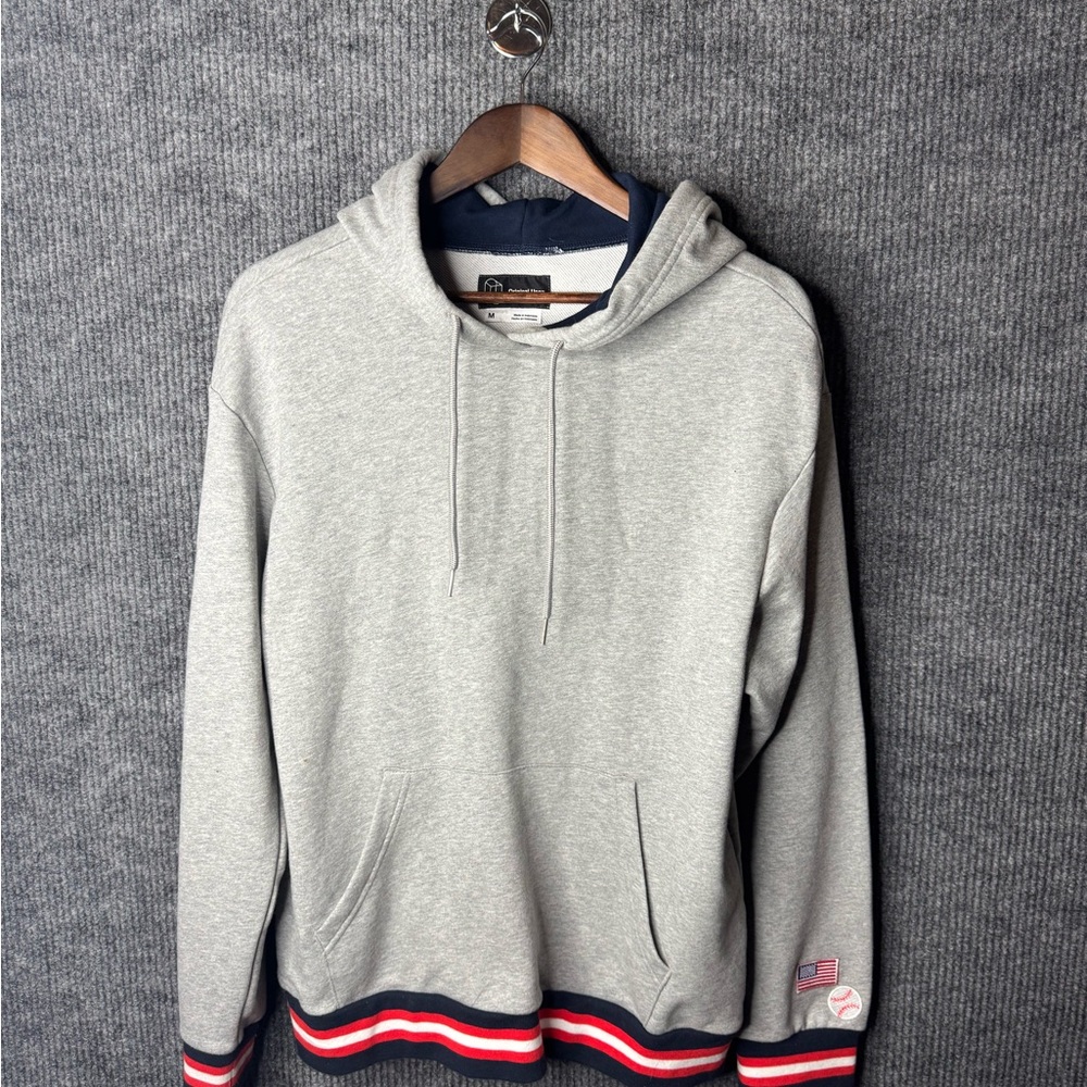 Original Use Men's Fleece Hoodie Sweatshirt, Medium, Grey, Red White Blue Trim